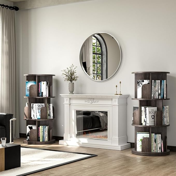 Nidouillet Rotating Bookshelf, Revolving Bookcase 360 Display Round Bookshelf Narrow Swivel Corner Book Shelf Standing Bookcase for Adult Bedroom, Living Room (Oak Grey, 3 Tier)