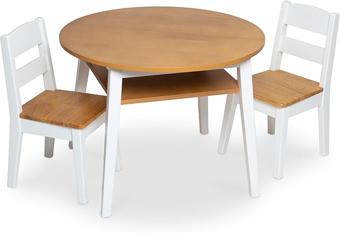 Melissa & Doug Wooden Round Table and 2 Chairs Set – Kids Furniture for Playroom, Light Woodgrain and White 2-Tone Finish Two-Tone Round Wooden Toddler And Kids Table And Chairs Activity Furniture Set