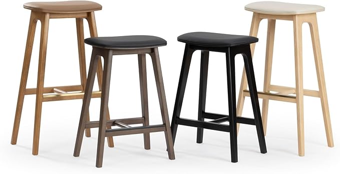 Plank+Beam Beryl Counter Height Stool - Mid-Century Modern Rubberwood Bar Stool with Faux Leather Seat, Metal Footrest, Easy Assembly, 2-Pack, Blonde/Sesame