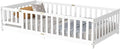 Twin Floor Bed with Slats and Center Support Bar, Wood Montessori Floor Bed with Fence and Door, Kids Montessori Bed Twin Size, Twin Size Montessori Floor Bed for Kids, Girls, Boys(Twin White)