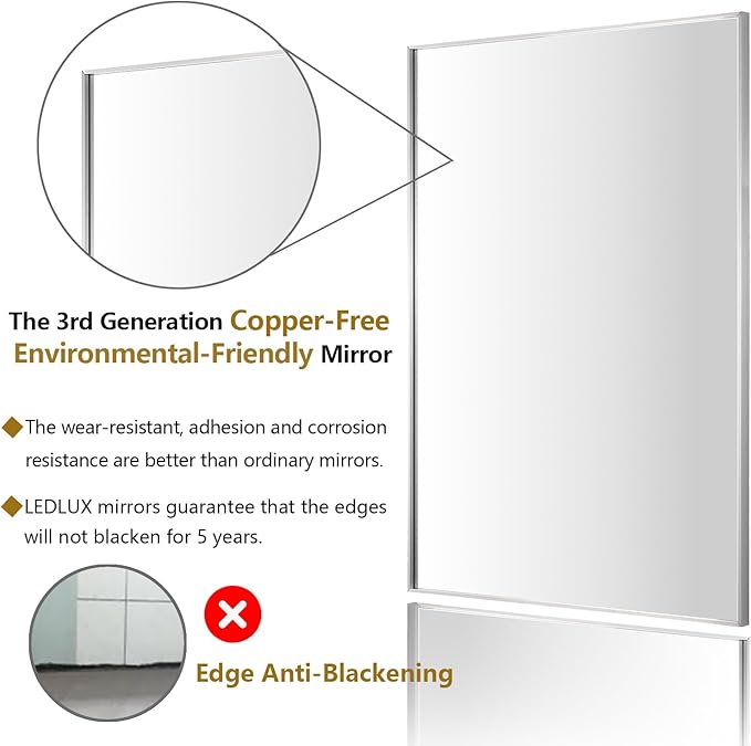 20x36 Inch Silver Bathroom Mirror - Copper-Free Mirror, Aluminum Alloy Frame Vanity Rectangle Wall Mounted Modern Mirror for Bedroom/Living Room/Porch Horizontal or Vertical