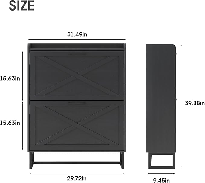 Maupvit Shoe Storage Cabinet with 2 Flip Drawers, Freestanding Organizer with Metal Legs for Entryway, Narrow Shoe Rack Cabinet, Black