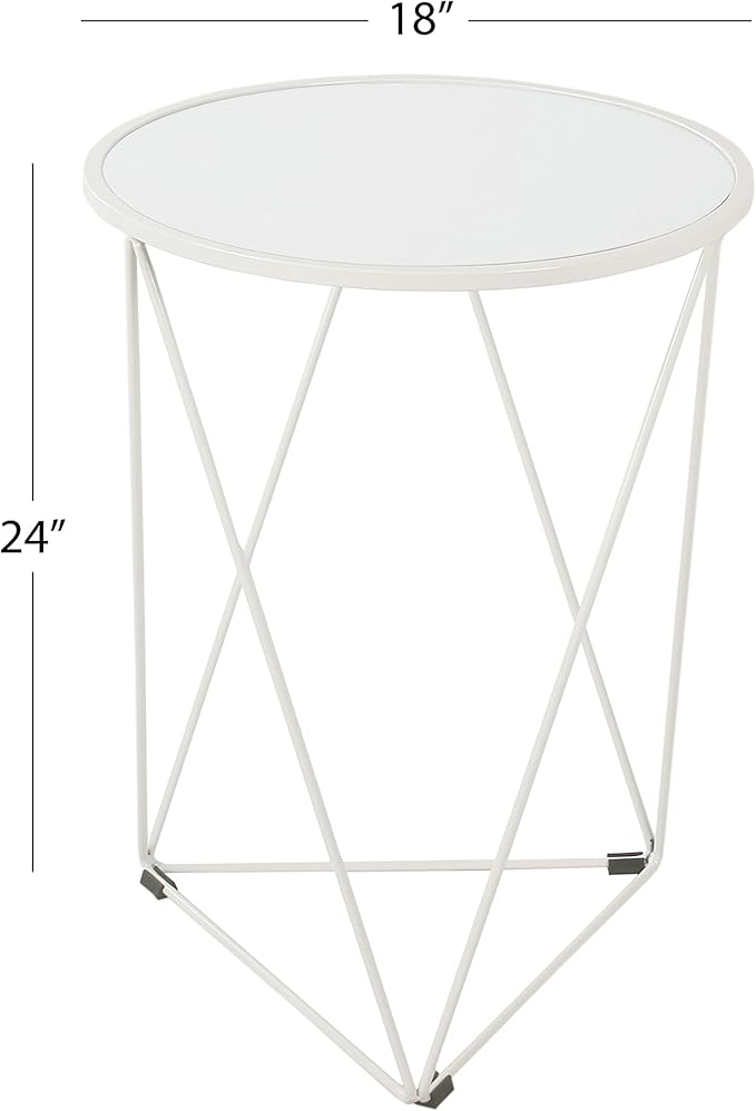 HomePop Metal Accent Table Triangle Base Round Mirror Top, White 18.24D x 24W x 18H in