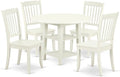 East West Furniture SUDA5-LWH-W 5 Piece Dining Room Furniture Set Includes a Round Kitchen Table with Dropleaf & Shelves and 4 Dining Chairs, 42x42 Inch, Linen White