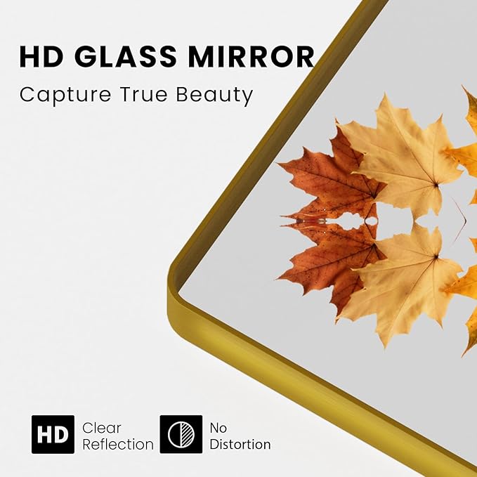 Gold Bathroom Mirror, 40x30 Inch Brushed Gold Metal Frame Mirror for Wall, Rounded Rectangle Bathroom Vanity Mirror, Tempered Glass, Anti-Rust, Horizontal/Vertical