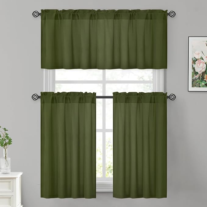 HOMEIDEAS Non-See-Through Olive Green Privacy Sheer Kitchen Curtains, 30 X 24 - Image 2