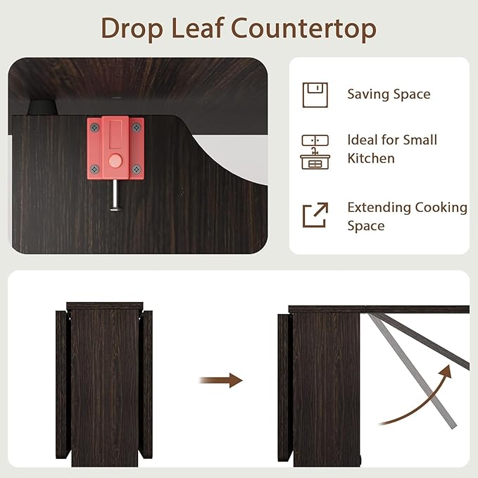 GarveeHome Folding Dining Table, Space Saving Farmhouse Dining Table for 4 Storage Shelf, 6 Wheels Multipose Expandable Kitchen Drop Leaf Table for Small Space (Dark Walnut, 50.1"D x 31.4"W x 29.5"H)