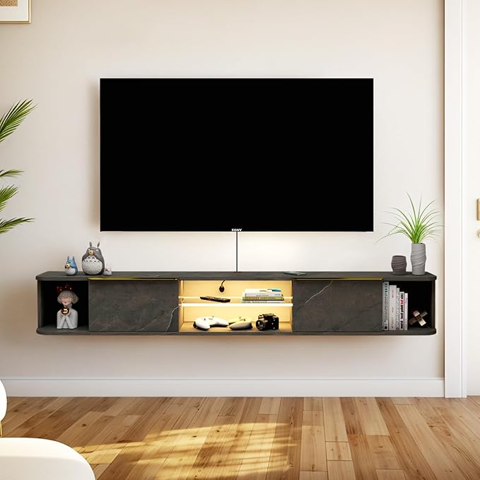 Pmnianhua LED Floating TV Stand with 2 Drawers,63'' Under TV Shelf with LED Lights,Wall Mounted TV Console,Floating TV Shelf with Storage for Bedroom Playroom Living Room(Dark Grey)
