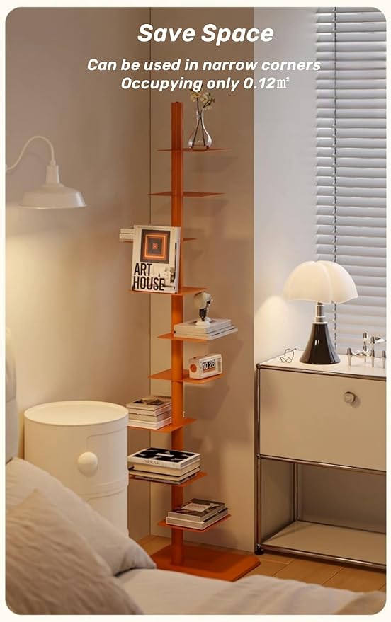 9-Tier Spine Bookshelf Metal Bookcase 5 Colors Vertical Bookshelf Tower Rotating Tall Narrow Bookshelf Ladder Book Rack Indoor (Orange)
