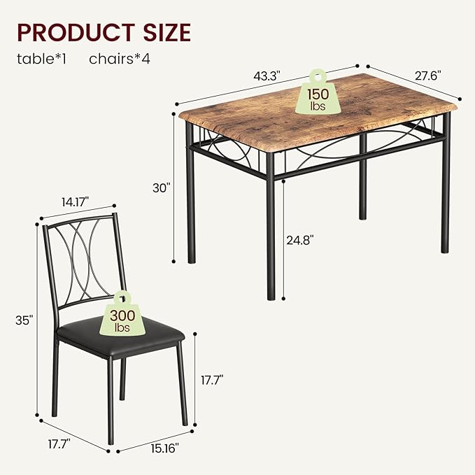 CABIHOME Dining Table Set, 5 Piece Dining Table Set for 4, Rectangle Kitchen Table Set with 4 Upholstered Chairs for Small Space, Apartment, Retro Brown