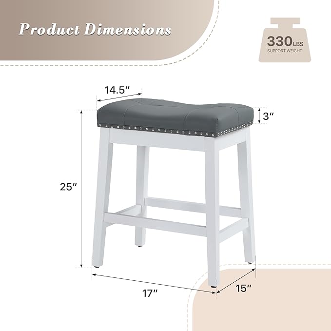 Athena Collection Bar Stools Set of 2, 25 Inches Counter Height Bar Stools Backless with Footrest, Leather Upholstered Saddle Barstools with Nailhead Trim for Kitchen Island, Counter, Grey White