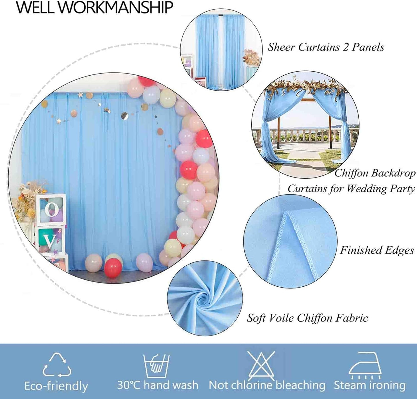 DUOBAO Chiffon Curtains Blue Photography Backdrops Drapes Party Stage 2 Panels 58x96 Sheer Two Pages Curtain Drape for Bedroom Wedding Living Room Voile Window Decor (5ft x 8ft)