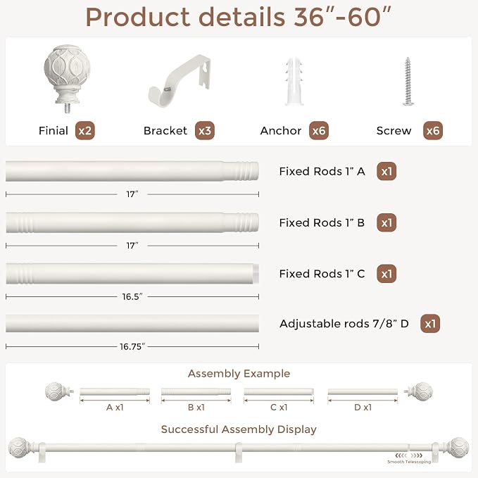 Antique White Curtain Rods for Windows 30 to 56 Inch, Adjustable Vintage - Image 5