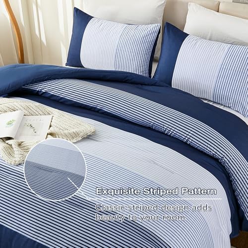 Blue Comforter Set Queen, Reversible Dark Blue Patchwork Stripe Comforter - Image 4