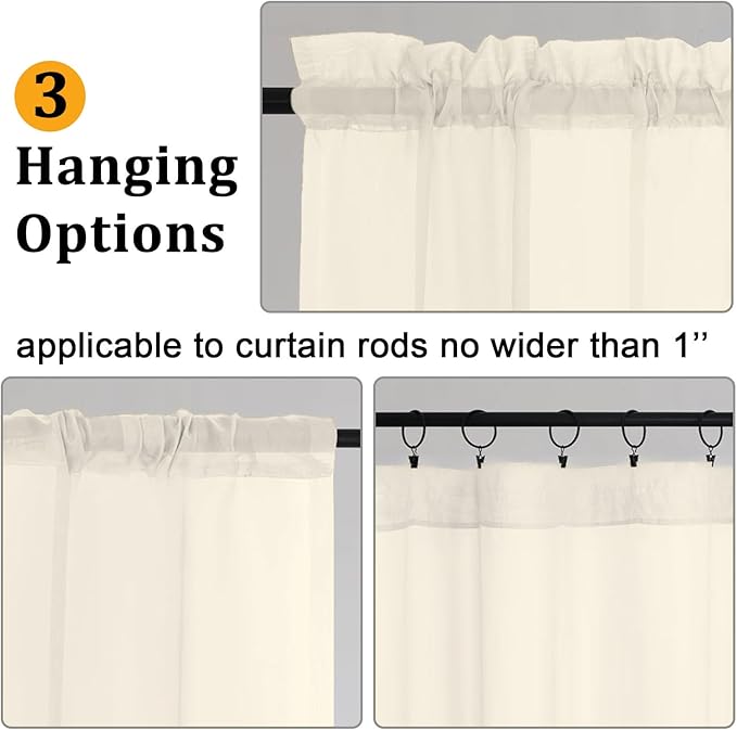 Gwine Cream Sheer Curtains 48 Inches Long 2 Panels Set, Light Filtering Sheer - Image 4