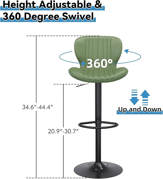 Shintenchi Bar Stools Set of 2 Modern Swivel Bar Chairs, Counter Height Faux Leather Metal Barstools, Upholstered Island Chairs with Back and Footrest, Green