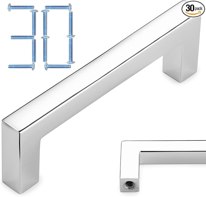 KOOFIZO 30-Pack Solid Square Bar Cabinet Handle - Chrome Furniture Pull, 3 Inch/76mm Screwhole Distance for Kitchen Cupboard Door, Bedroom Dresser Drawer, Bathroom Wardrobe Hardware