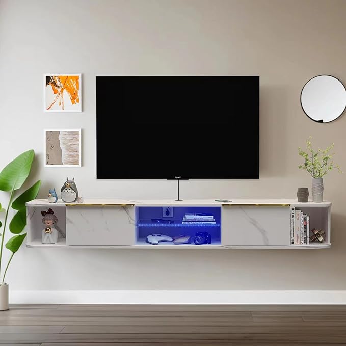 Pmnianhua LED Floating TV Stand with 2 Drawers,78'' Floating TV Shelf with LED Lights,Wall Mounted Media Console,Floating Entertainment Center with Storage for Bedroom Playroom Living Room(White)