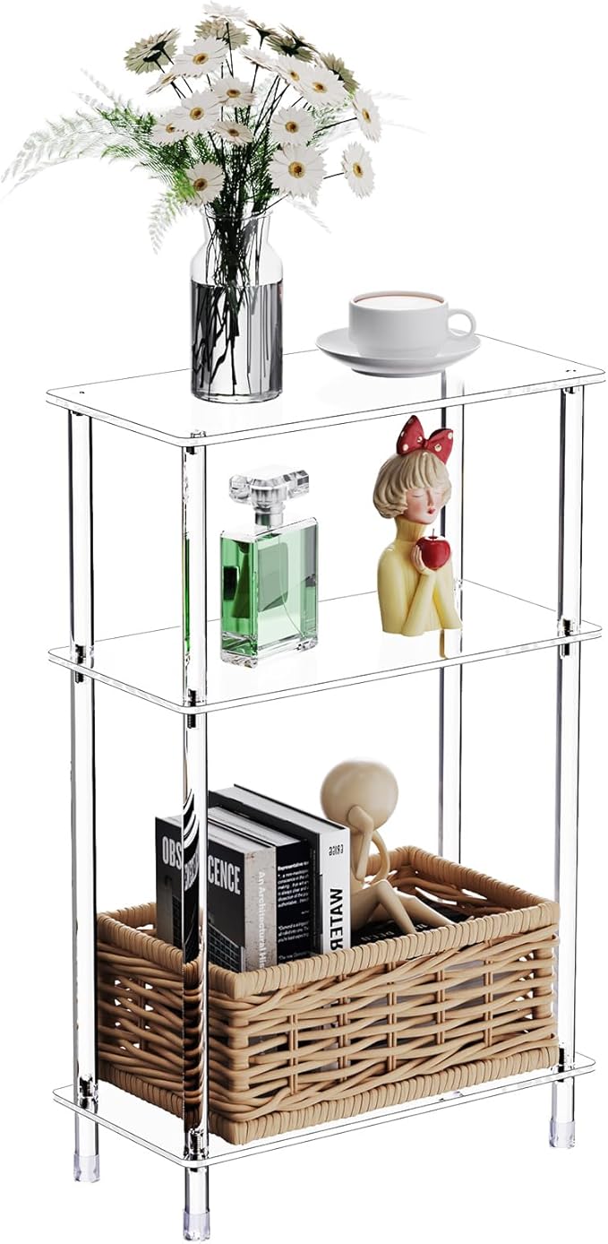 Clear Acrylic Narrow Side Table for Small Spaces, 15.7" L x 7.87" W x 24.6" H, 3 Tier Rectangle Slim End Table Nightstand, Small Skinny Bedside Table for Living Room, Bedroom, Bathroom