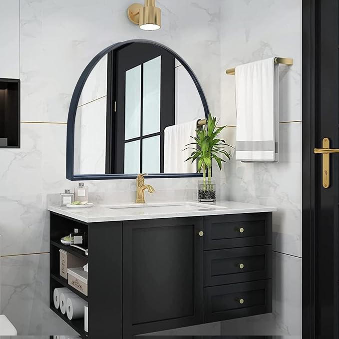 WAMIRRO Minimalist Black Arched Mirror,Large Farmhouse Bathroom Fireplace Mantel Horizontal Wide Arch Mirrors for Entryway/Living Room 26"X36"