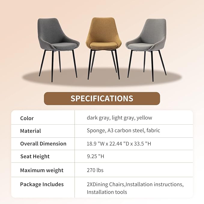 Dining Chairs Set of 2 Ergonomic Living Room Chairs Yellow Kitchen Chairs,Loads Up to 270lbs,Quick Assembly,Dining Room Chairs with Arms for Kitchen,Dining, Bedroom, Living Room
