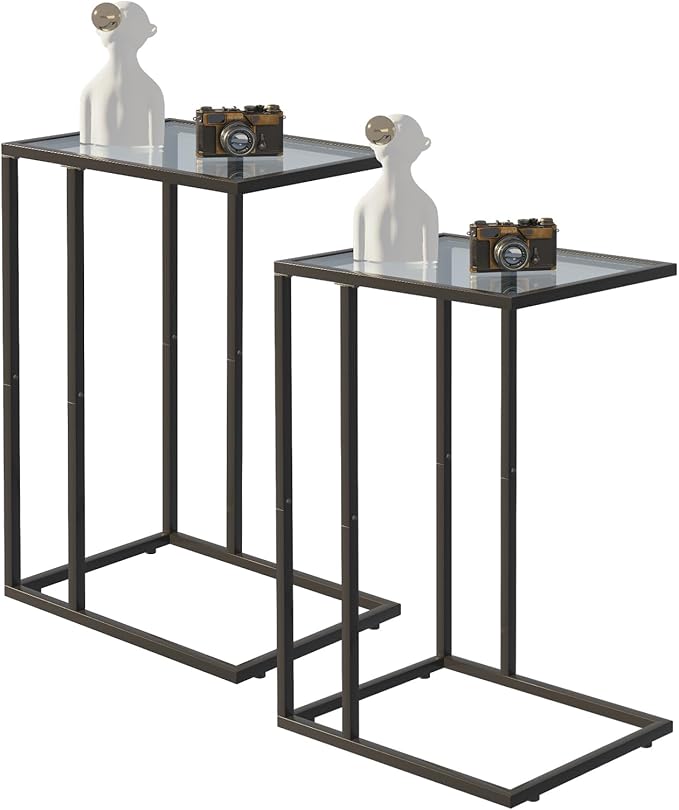Easy Paws C Shaped End Table Set of 2, Tempered Glass Snack Side Table with Metal Frame, Sofa Couch Side Table, Modern Style, Black