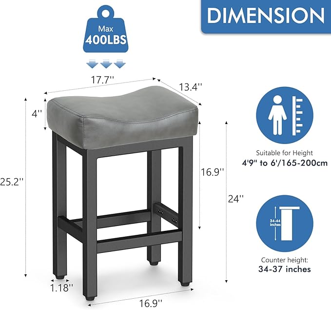 Counter Height Bar Stools Set of 2, 24 Inch Barstools for Kitchen Island Counter, Bonded Leather Kitchen Stools with Thick Saddle Seats & Heavy Duty Metal Base, Easy Assembly, Gray/Black