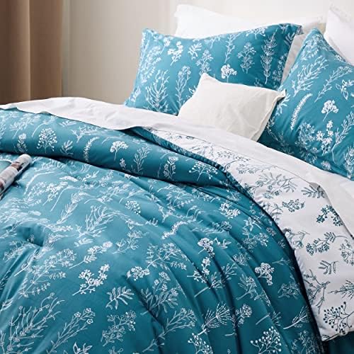 Bedsure Floral Comforter Set Cute Bedding Set King Reversible Teal Blue - Image 3