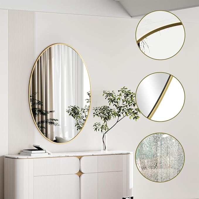Koonmi Gold Oval Bathroom Mirror, 24"x31" Bathroom Vanity Mirror, Oval Mirror for Bedroom Living Room Entryway, Hangs Horizontal or Vertical