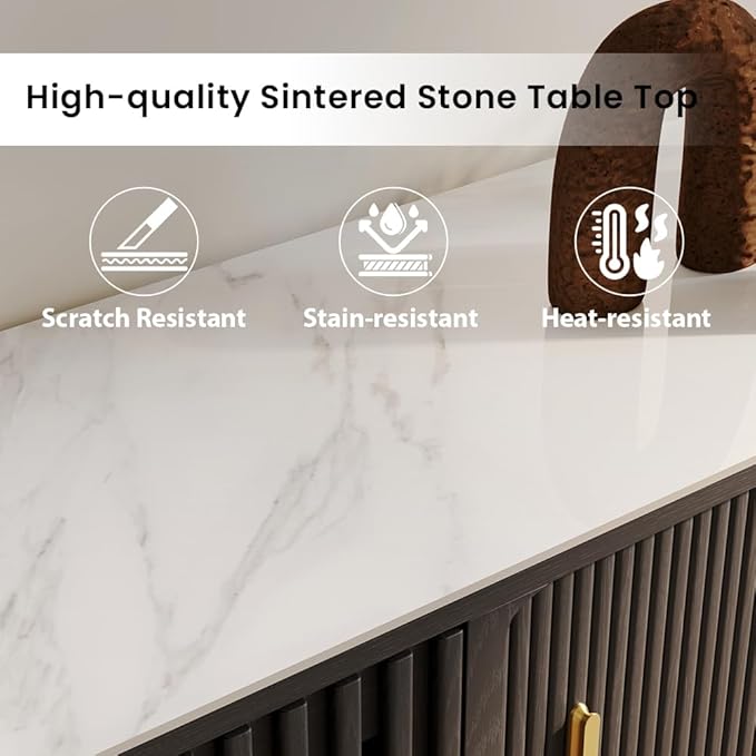 POVISON Sliding Tambour Door TV Stand, Mid Century Modern Sintered Stone TV Console, Wood Media Console for 75 Inch TV, Entertainment Center with Storage Cabinet, Fully-Assembled (Black, 78.74")