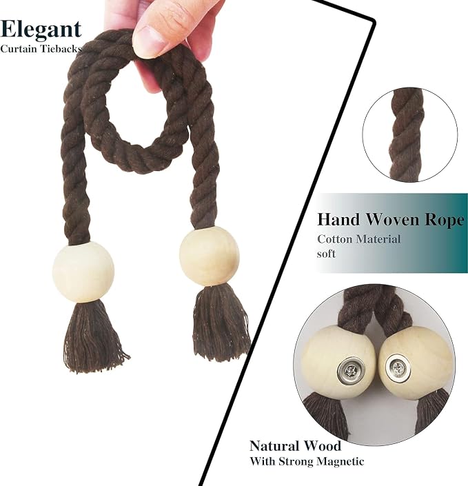 4 Pack Magnetic Curtain Tiebacks Cotton Hand Woven Tie Back Decorative Rope - Image 2
