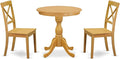 East West Furniture ESBO3-OAK-W 3 Piece Dining Set Contains a Round Dining Room Table with Pedestal and 2 Wood Seat Chairs, 30x30 Inch, Oak