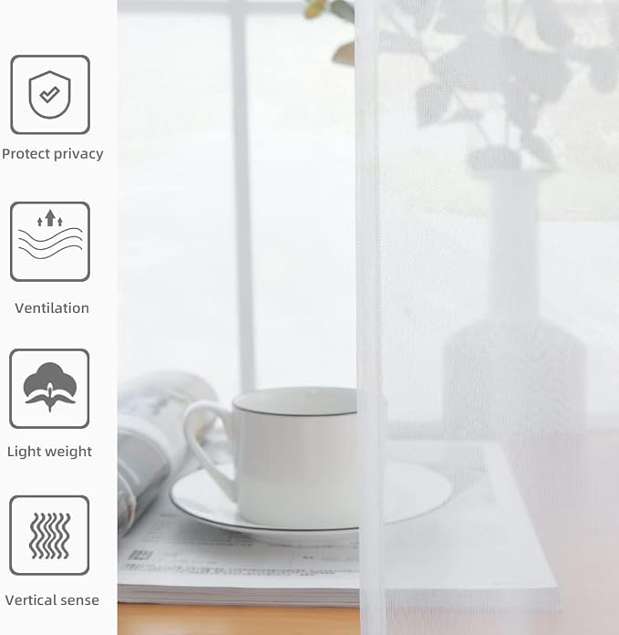 youleyar Solid Sheer Rod Pocket Curtain Voile Draperies 2 Panels White Beige - Image 4