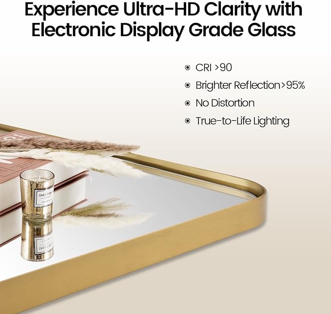 MOON MIRROR 30" x 22" Brushed Gold Rectangle Bathroom Mirror, Tilting Rounded Rectangular Metal Framed Pivot Wall Mirror, Hangs Horizontally Only(Overall 33.75" x 22")