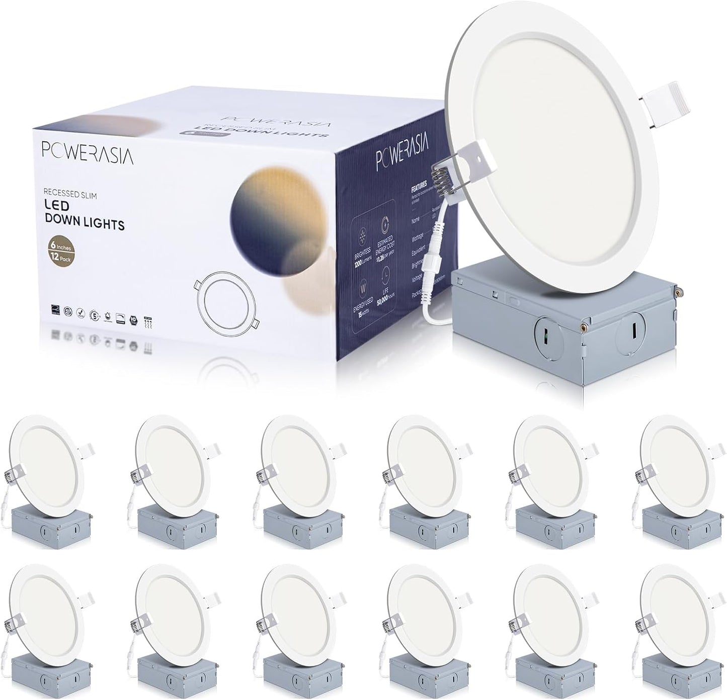 12 Pack 6 Inch Ultra-Thin LED Recessed Ceiling Light with Junction Box, Recessed Lighting 6 Inch 6000K Dimmable Clear White, 15W 220W Eqv, 1200LM High Brightness - ETL and Energy Star Certified