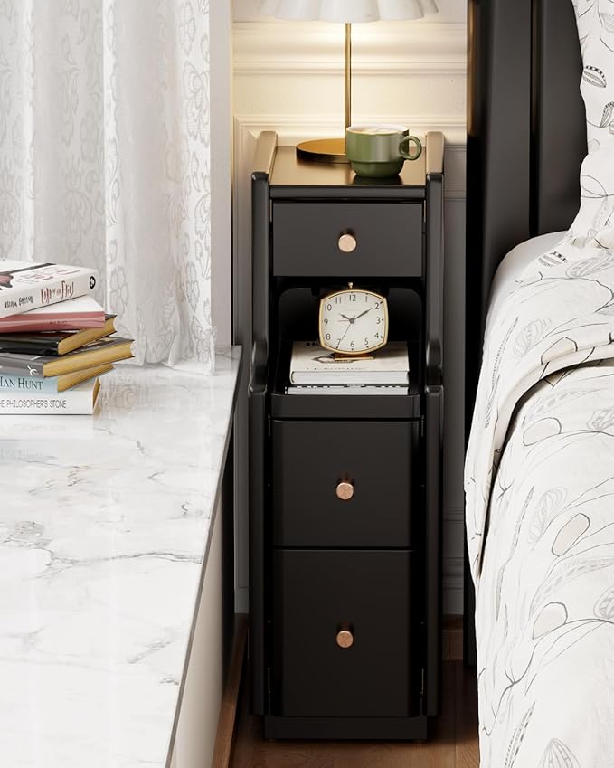 Narrow Nightstand with 3 Drawers,Solid Wood Narrow Bedside Tables, Small Bedside Tables,Modern Slim Small Nightstand for Bedroom(Black)