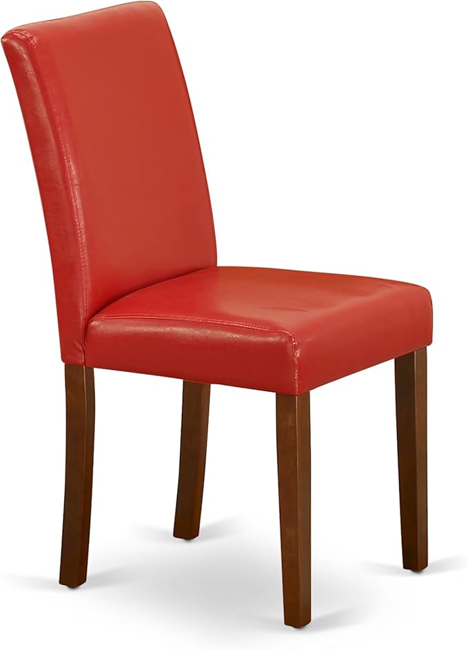 East West Furniture ANAB5-MAH-72 5 Piece Dining Table Set Includes a Round Dining Room Table with Pedestal and 4 Firebrick Red Faux Leather Parsons Chairs, 36x36 Inch, Mahogany