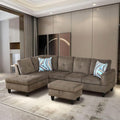 Brown L-Shaped 3-Piece Corduroy Sofa with Storage Ottoman Set, Sectional Couch Sofa Set for Living Room, Office, Small Space