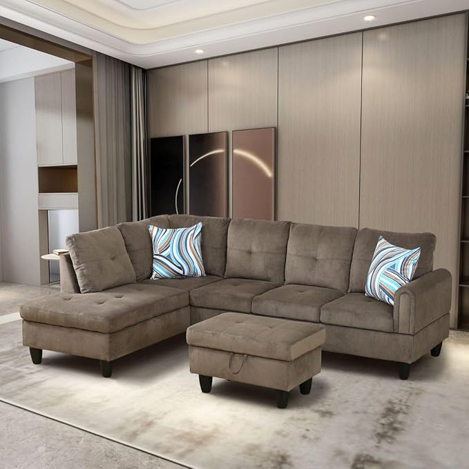 Brown L-Shaped 3-Piece Corduroy Sofa with Storage Ottoman Set, Sectional Couch Sofa Set for Living Room, Office, Small Space