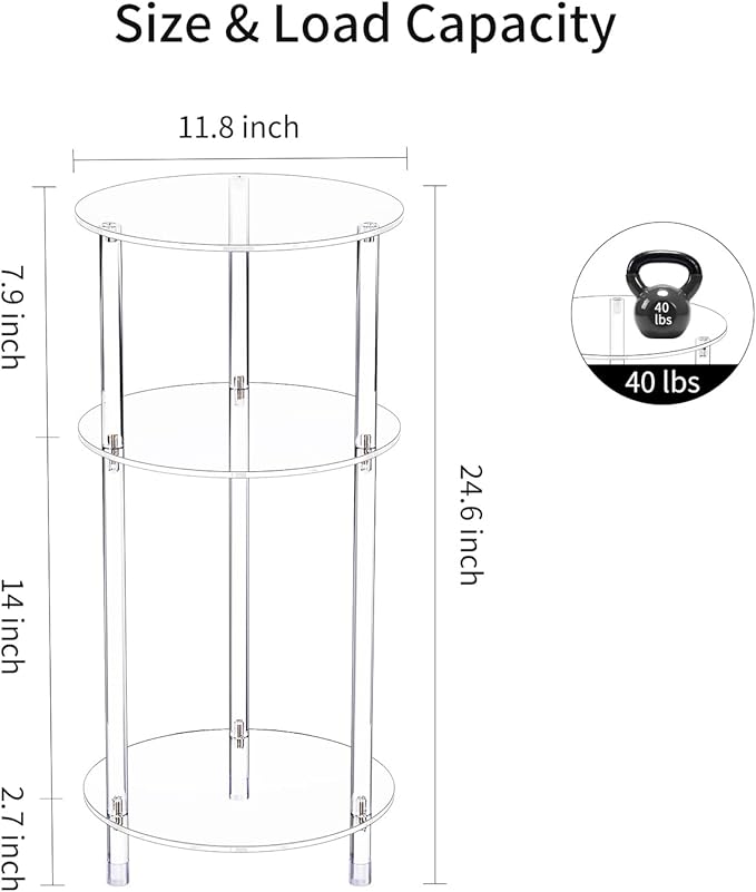 Clear Round Acrylic Side Table Set of 2 for Small Spaces, 11.81" L x 11.81" W x 24.6" H, 3 Tier Small Drink End Table Nightstand, Minimalist Bedside Table for Living Room, Bedroom, Bathroom