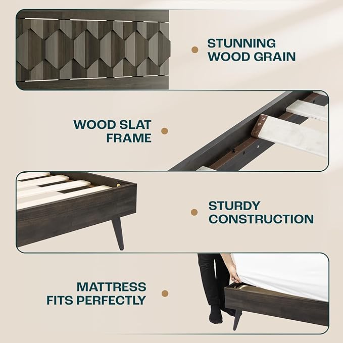 Bme Georgina King Size Bed Frame and Headboard, Signature Handcrafted Geometric, US Patent Pending Design, Solid Wood, No Box Spring Needed, 12 Strong Wood Slats Support, Easy Assembly, Mocha