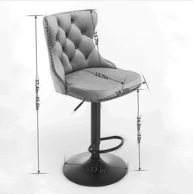 PacknWood Acosure Swivel Velvet Barstools Adjusatble Seat Height from 25-33" with 17.7" Base and Backs Comfortable Tufted,Modern Upholstered Bar Chairs for Home Pub Kitchen,Gray,Set of 2