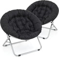 MoNiBloom Round Folding Saucer Chairs Set of 2 for Bedroom Living Room Dorm Foldable Metal Frame Comfy Soft Lounge Lazy Cozy Moon Chairs for Teens (Black)
