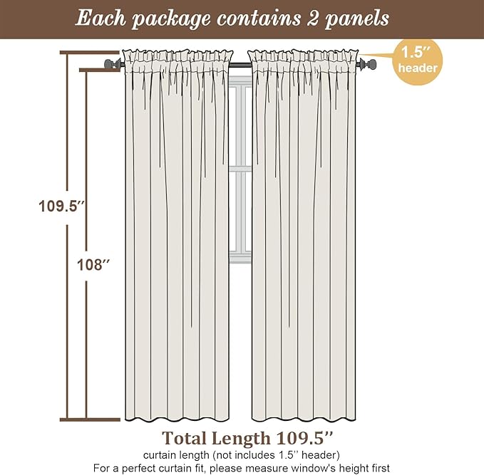 Chyhomenyc Extra Long Cream Sheer Curtains 108 Inches Long 2 Panels, Light - Image 3