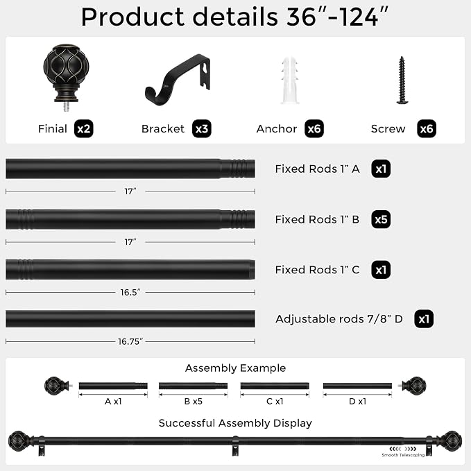 Long Black Curtain Rod, Heavy Duty 1 Inch Decorative Curtain Rods - Image 5
