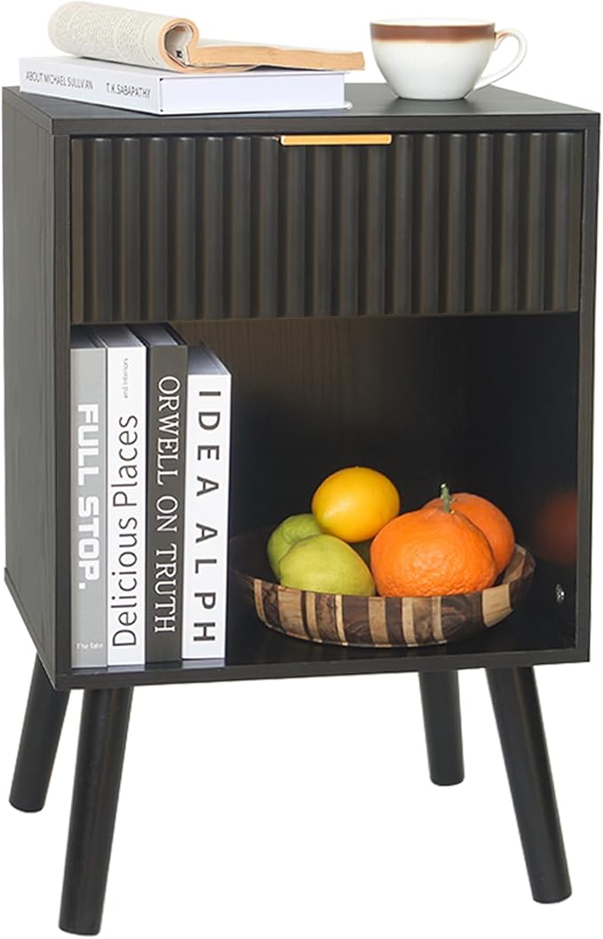 Black Fluted Nightstand, Modern Bedside Table with Drawer and Opening Storage, End Side Table Living Room with Solid Wood Legs for Bedroom (Black)
