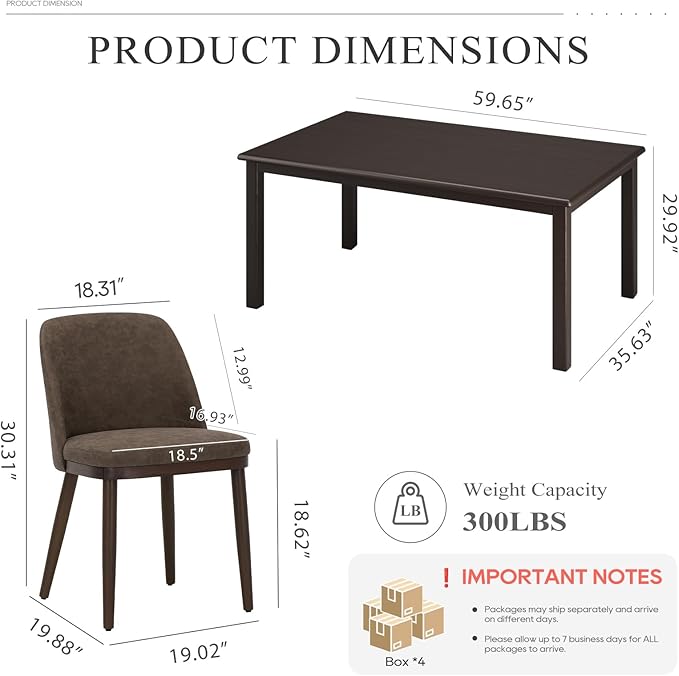 COLAMY 60 Inch Rectangular Kitchen Dining Table for 6, Modern Farmhouse Dining Table Set for 6, Wood Dining Table and Upholstered Dining Chairs for Kitchen, Dining Room, Restaurant, Brown/Dark Brown