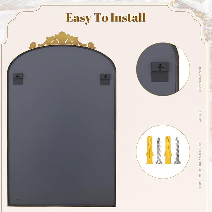 Vintage Arched Wall Mirror, 26x38 inch Retro Arch Bathroom Mirror, Carve Pattern Top Wall Mounted Vanity Mirror with Metal Frame, Bathroom Mirror Hanging or Leaning, Gold