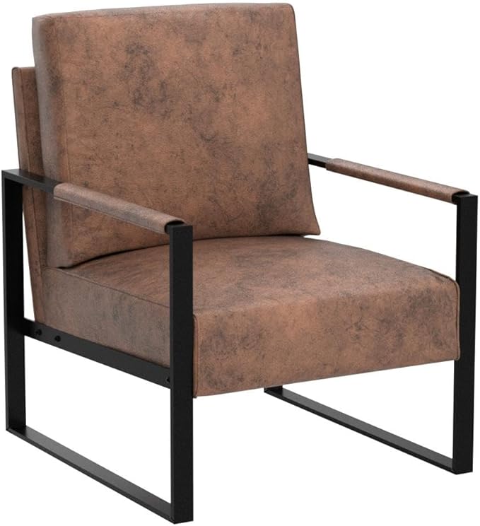 Container Furniture Classic Mid Century Modern Accent Chair with Durable Square Metal Frame, Armchair for Living Room, Bedroom, Home Office in Spotted Microfiber Upholstery, Light Brown