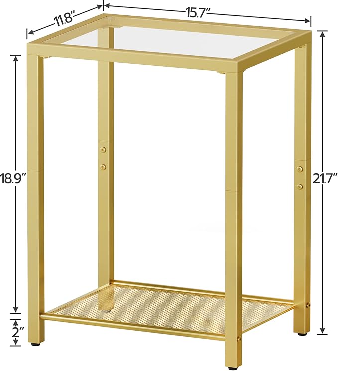 HOOBRO Side Table, 2-Tier End Table, Nightstand for Tight Spaces, Tempered Glass Bedside Table, Modern Metal Frame, for Office, Bedroom, Living Room, Study, Gold GD76BZ01